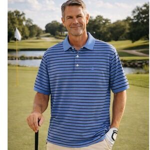 IZOD Large Blue Striped Polo Shirt Golf Preppy Coastal Dad Classic Fit